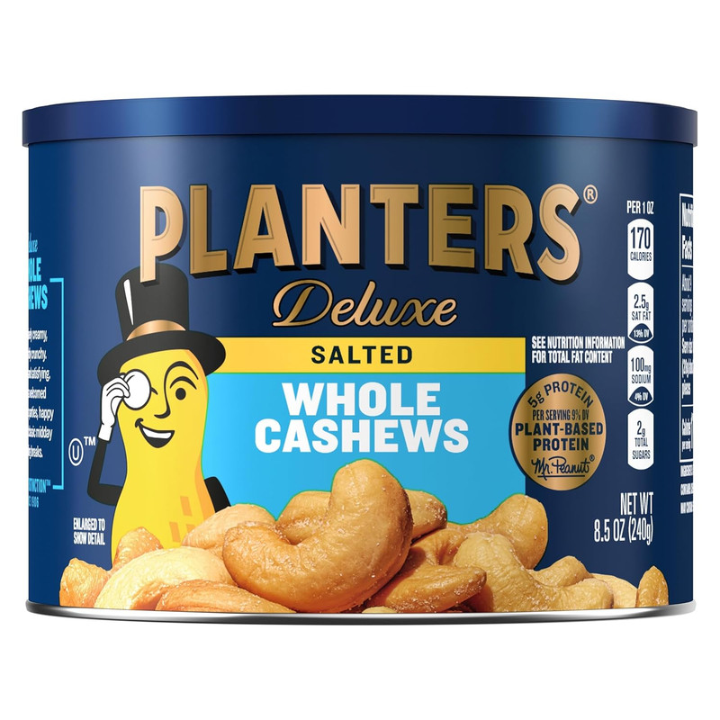 PLANTERS Deluxe Salted Whole Cashews, Party Snacks, Plant-Based Protein, 8.5 Oz