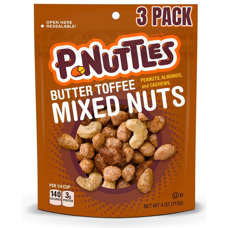 P Nuttles Butter Toffee Mixed Nuts 4 Ounce Pack of 3