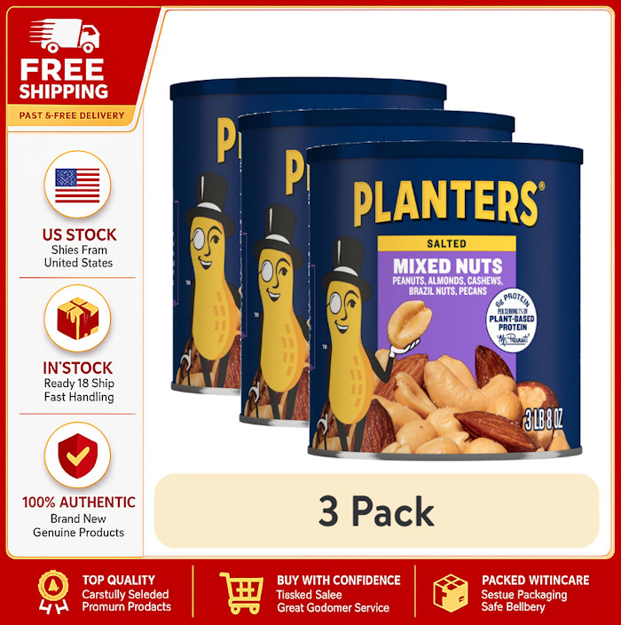 (3 pack) PLANTERS Salted Mixed Nuts, 6g (7% DV) Plant-Based Protein, 56 oz Can