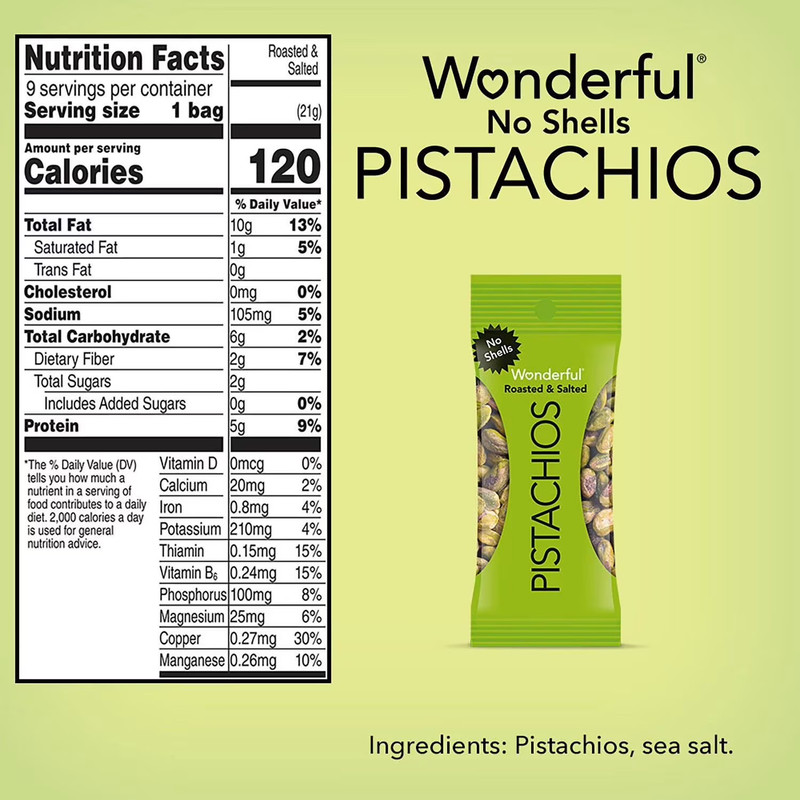 Wonderful Salted & Roasted Pistachios, No Shells, 0.75 oz., 21 pk. gallery