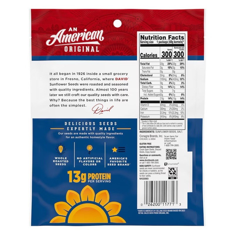 DAVID Salted Roasted Sunflower Seeds Original Jumbo 3.75 Oz 12 Pck gallery