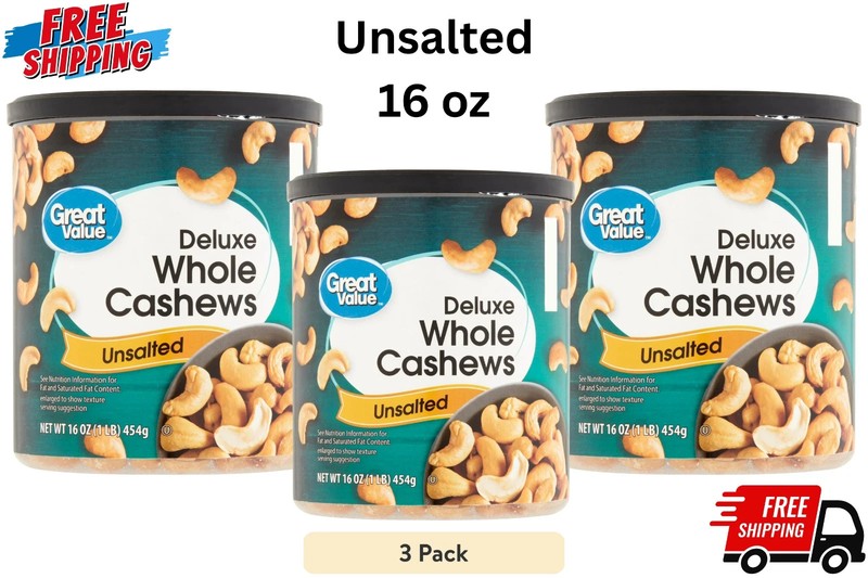 Great Value Deluxe Whole Cashews, Unsalted, 16 oz NEW
