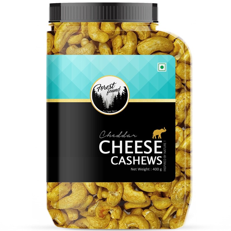 Forest Found Roasted Cheese Masala Cashews 400g | Crunchy Low Sodium Kaju Snack