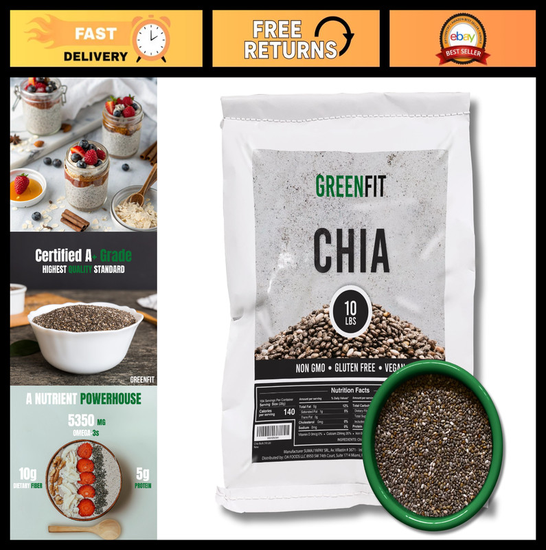 Premium Bulk Chia Seeds 10lbs – Non-GMO, Gluten-Free Superfood, Vegan, A+ Grade