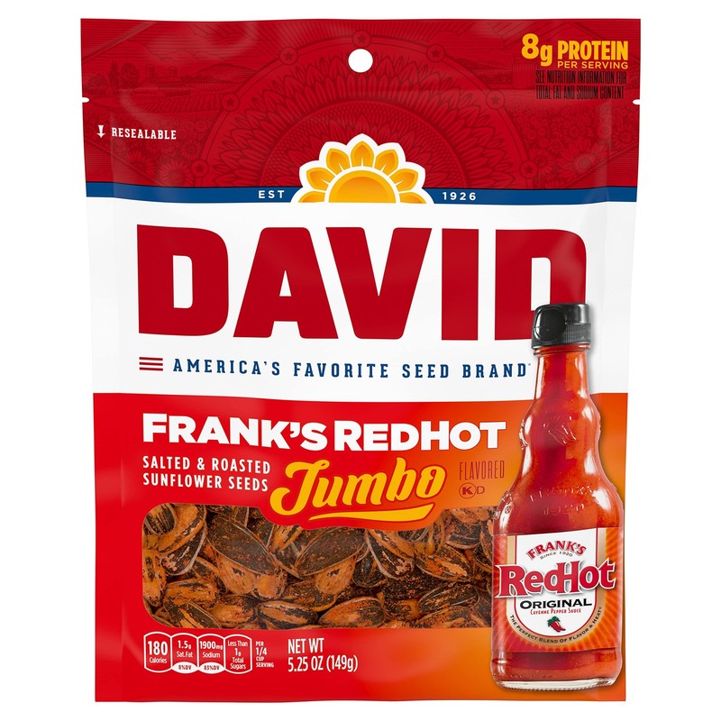 DAVID Jumbo Sunflower Seeds, Frank’s RedHot Flavor, 5.25 oz. (Pack of 12)