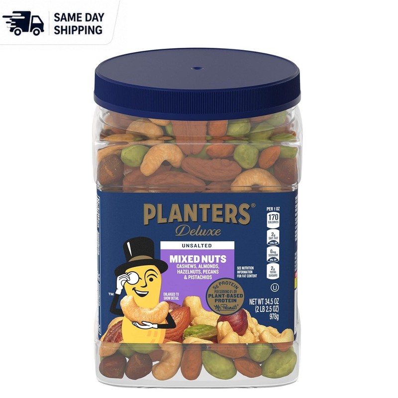 Unsalted Mixed Nuts - 34.5 oz Resealable Container for Fresh Snacking