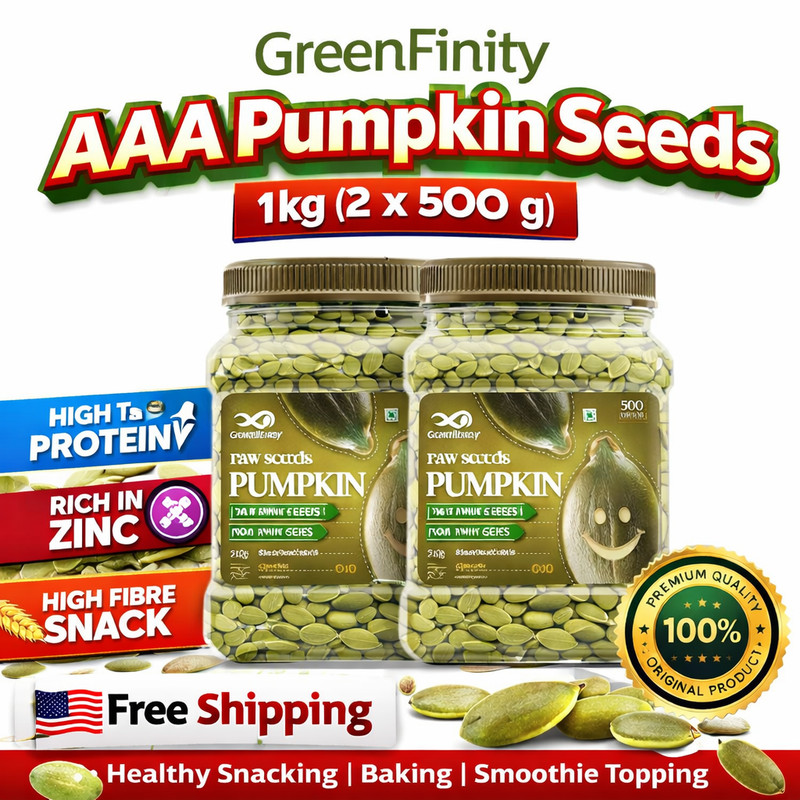 GreenFinity AAA Pumpkin Seeds 1kg 2x500g Raw Unsalted High Protein Snack