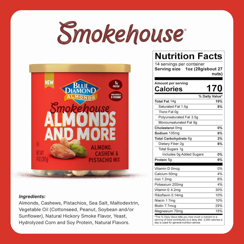Blue Diamond Almonds Smokehouse Mixed Nuts Almonds Pistachios Cashews, 14 Oz gallery