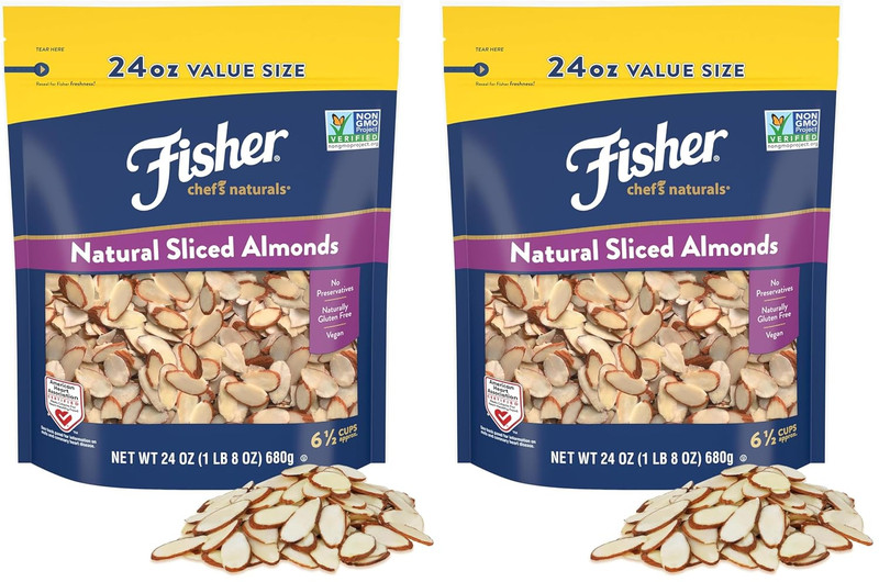 Fisher Unsalted Sliced Almonds 24Oz Resealable Bag, Raw Nuts Perfect for Cookin