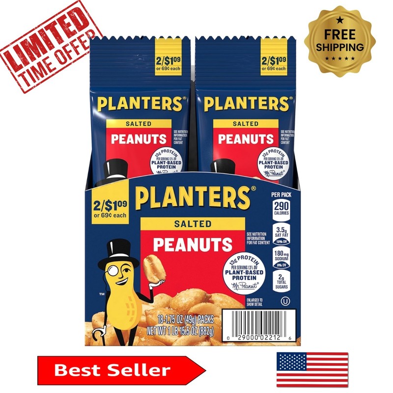 Nutritious Salted Peanuts 1.75 oz – 18 Convenient Bags for On-the-Go Snacking