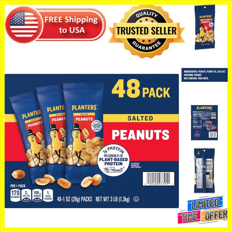 Planters Salted Peanuts – 48 Kosher Snack Packs, 1 Oz Each – Protein-Packed
