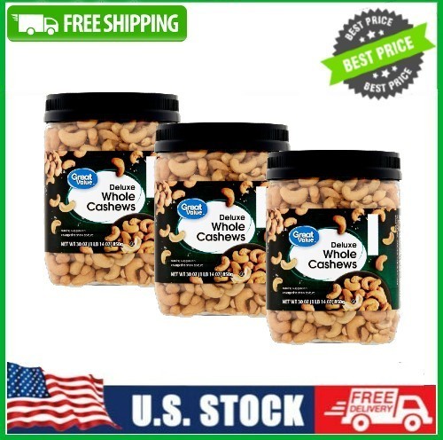 3 PACK Great Value Deluxe Cashews, 30 oz