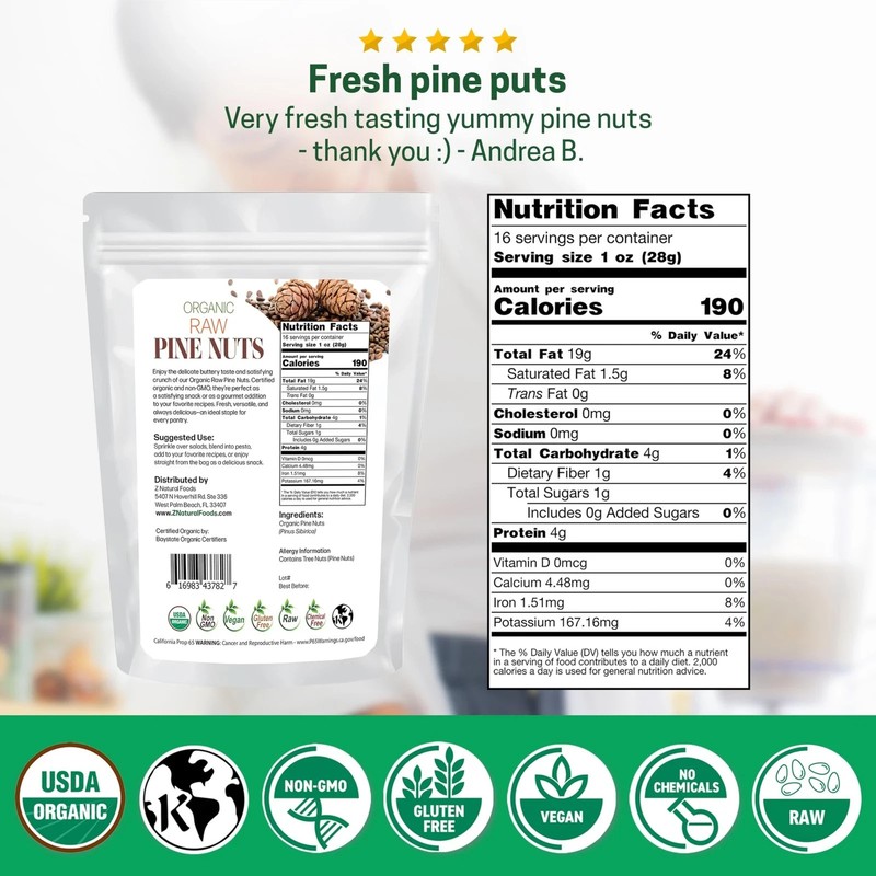 Z Natural Foods Organic Pine Nuts - Raw Nutrient-Dense Superfood Packed in Ai... gallery