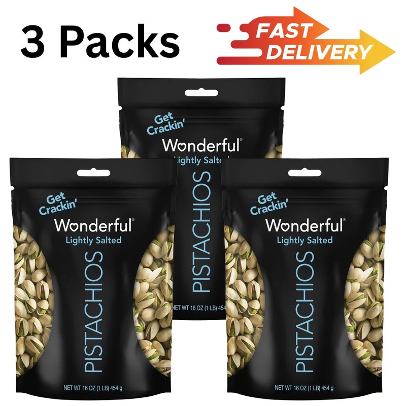 (3pack)Wonderful Pistachios In-Shell Lightly Salted Nuts, 16 Ounce Bag