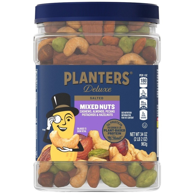 Salted Deluxe Mixed Nuts Plant Based Protein Snacks Party Size 34 oz Jar
