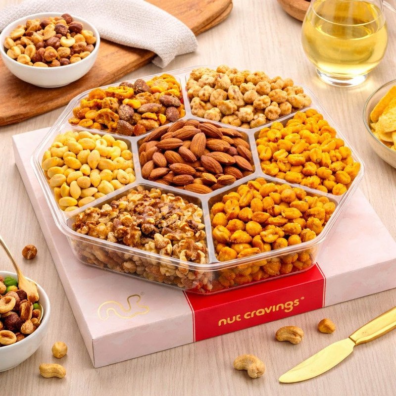 NUT CRAVINGS - Mixed Nuts Gift Basket in Red Gold Classic Box (7 Assortments, 1 gallery