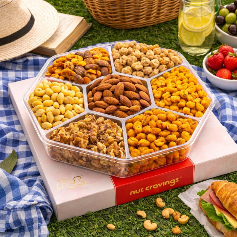 NUT CRAVINGS - Mixed Nuts Gift Basket in Red Gold Classic Box (7 Assortments, 1 gallery