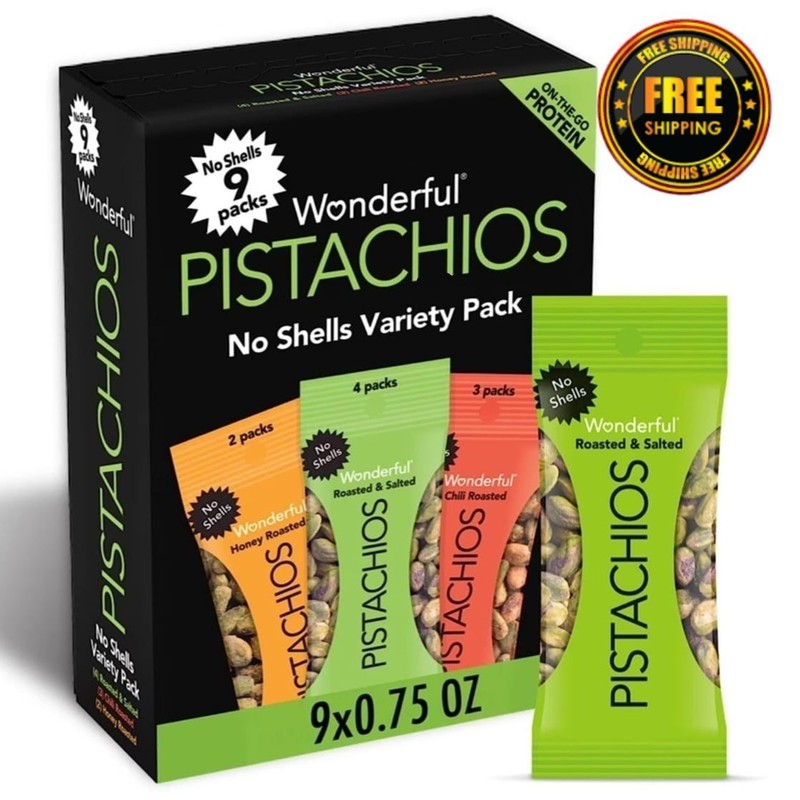 Wonderful Pistachios No Shells Variety Pack – 0.75 oz Bags (Pack of 9)