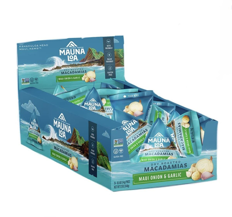 Garlic Onion Roasted Macadamia Nuts, 24 Pack of 0.5 Oz Mini Pouches, Keto Friend