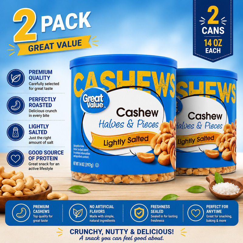 Great Value Lightly Salted Cashew Halves & Pieces, 14 oz New