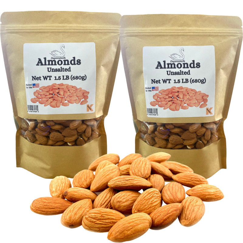Eleganceinlife Raw Whole Almonds Unsalted 1.5 LB Packed in USA Kosher Halal 2pk