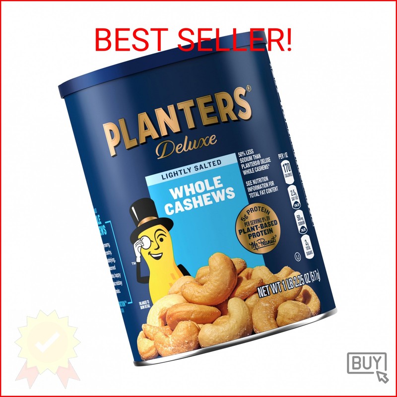 PLANTERS Deluxe Lightly Salted Cashews, Party Snacks, Plant-Based Protein, Quick