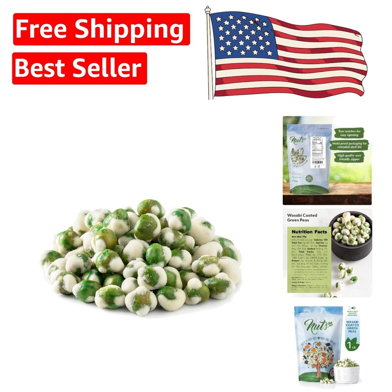 NUTS U.S. Wasabi Coated Green Peas - Crunchy Snack in Resealable Bag