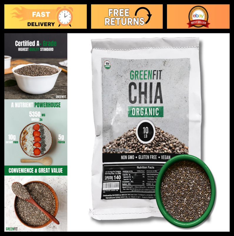 Organic Chia Seeds Bulk 10lbs – Non-GMO, Gluten-Free Superfood, A+ Grade Vegan