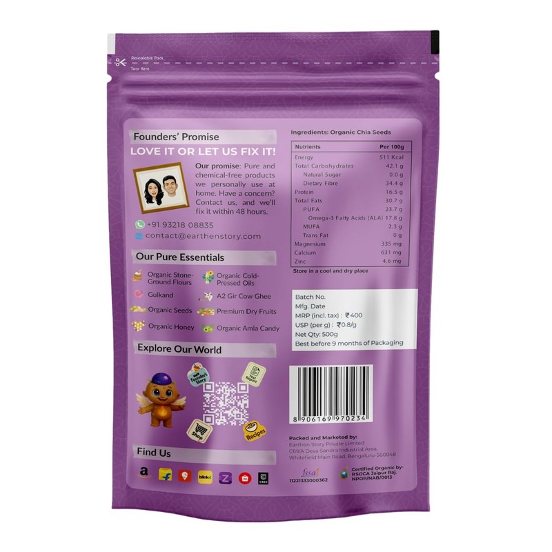 Earthen Story Organic Chia Seeds 500g | Raw Omega-3 Rich Superfood Snack gallery