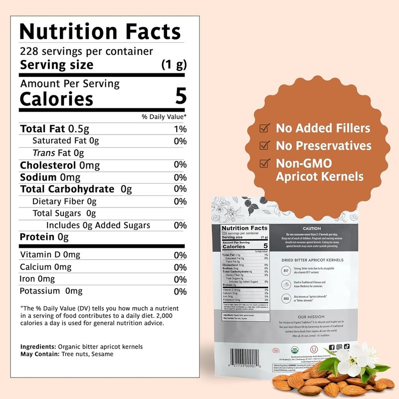 Organic Sweet & Bitter Raw Apricot Kernel Seeds- 8oz gallery