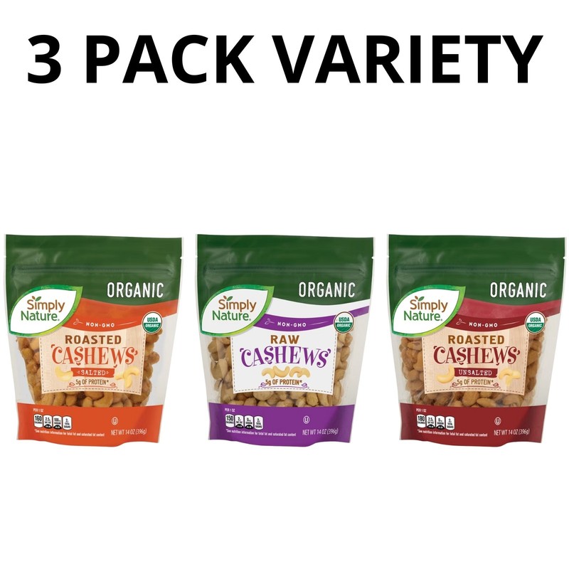 Organic Cashews 14oz, Raw Unsalted, Roasted Salted & Raw Cashwes- 3 Pack Variety