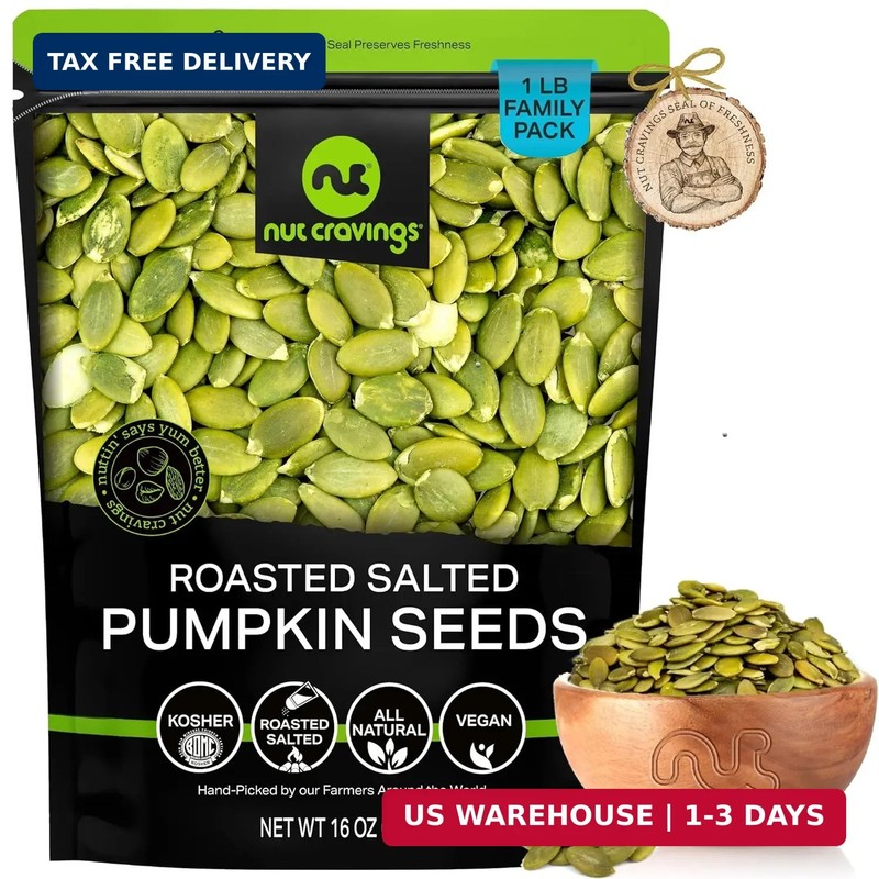 NUT CRAVINGS - Roasted & Salted Pumpkin Seeds, Pepitas, No Shell (16oz - 1 LB) P