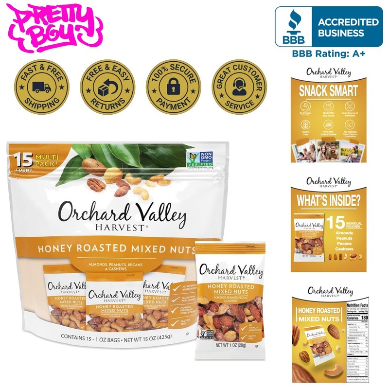 15 Ounce Pack of Honey Roasted Mixed Nuts: Almonds, Peanuts, Pecans & Cashews