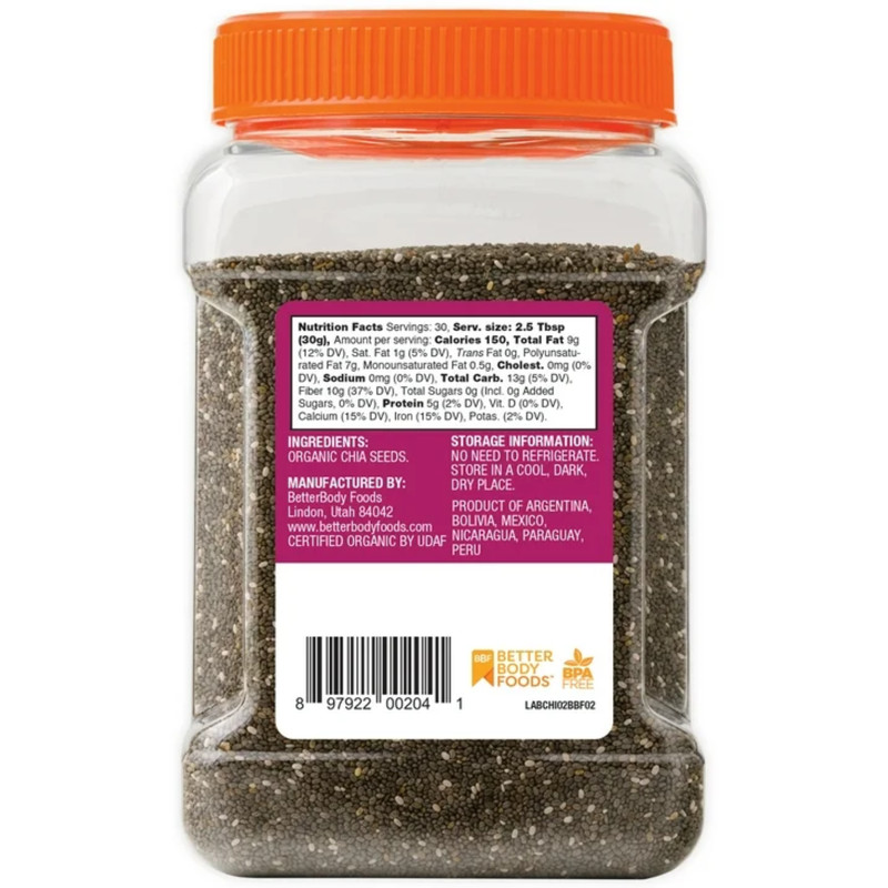 (2 Pack) BetterBody Foods Organic Chia Seeds High Fiber 2.0 lb, 30 Servings gallery