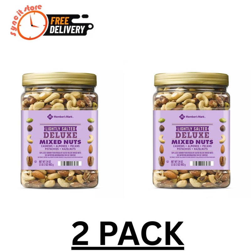 2 Packs Member's Mark Lightly Salted Deluxe Mixed Nuts 34 OZ Each Pack