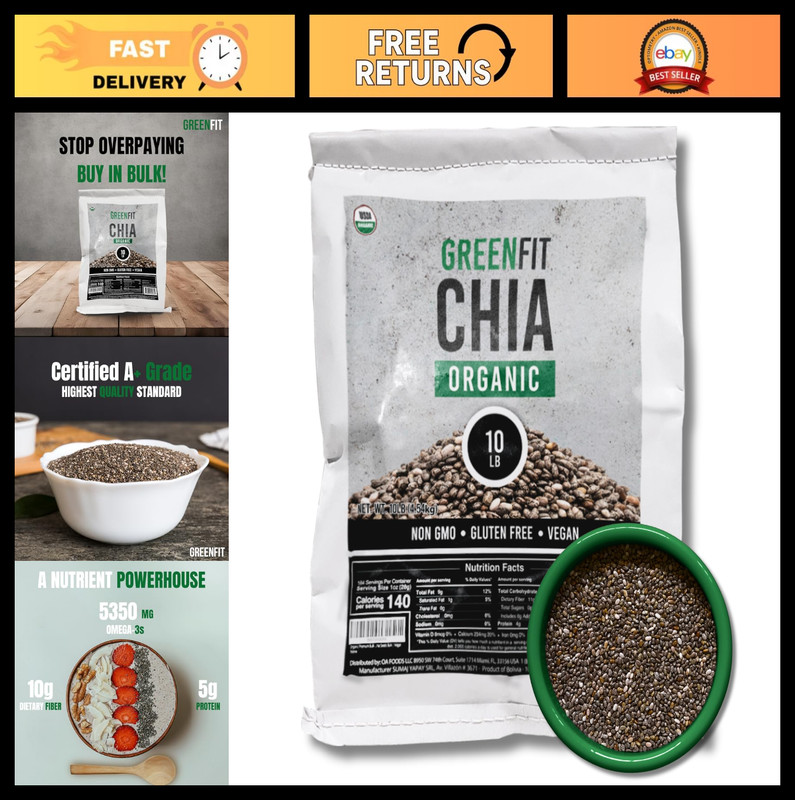 Organic Chia Seeds 10lbs Bulk | Non-GMO, Gluten-Free Superfood | A+ Grade Vegan