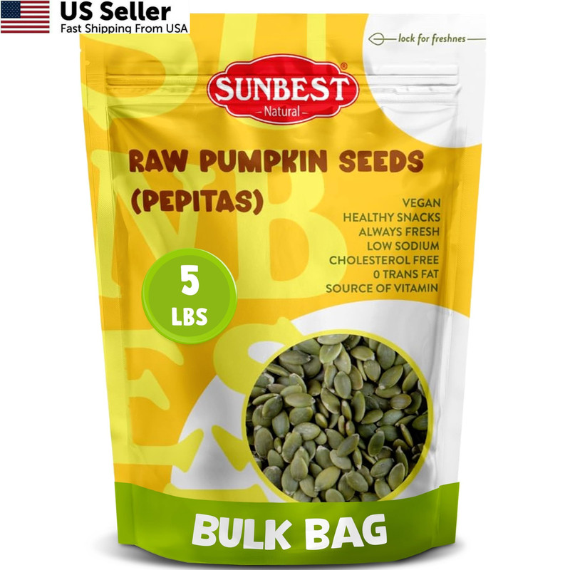Sunbest Natural Raw Pumpkin Seeds, 5 lbs – Unsalted & Shelled – Bulk 5 Pounds
