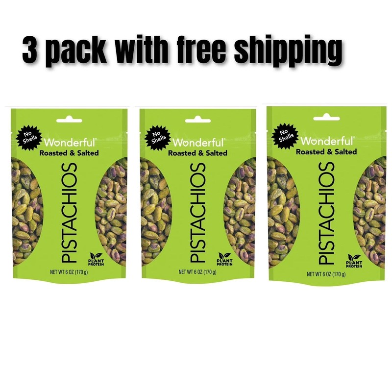 (3 pack ) Pistachios No Shells, Roasted and Salted Nuts, 6 Ounce Each Bag,