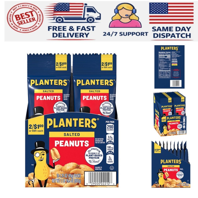18-Count Salted Peanuts 1.75 oz Bags – Perfect for School Lunches and Snacks