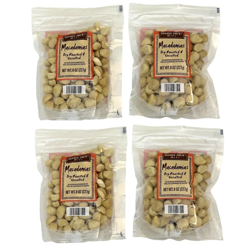 4 Packs Trader Joe’s Macadamias Dry Roasted & Unsalted 8 oz Each Total 32oz