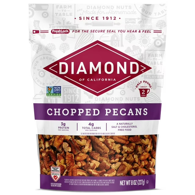 Diamond of California chopped Pecans, 3g protein, 8 oz Bag…….