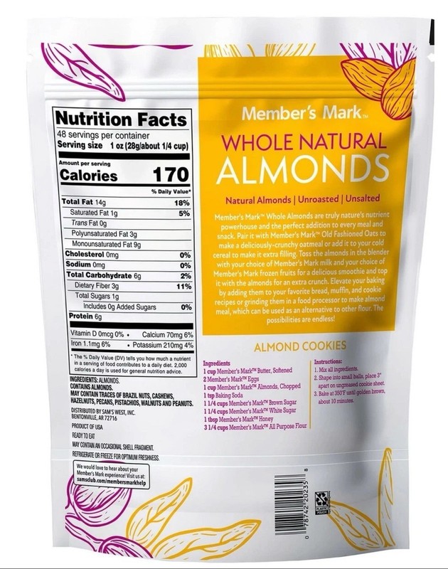 2 PACK - Member's Mark Natural Whole Almonds (3 lbs each) Total 6 lbs. FRESH gallery