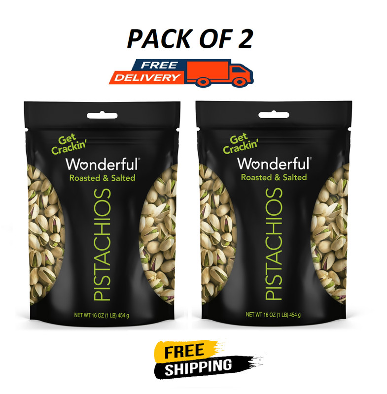 Wonderful Pistachios, In-Shell Roasted & Salted Nuts, 16 Ounce Bag (Pack of 2)