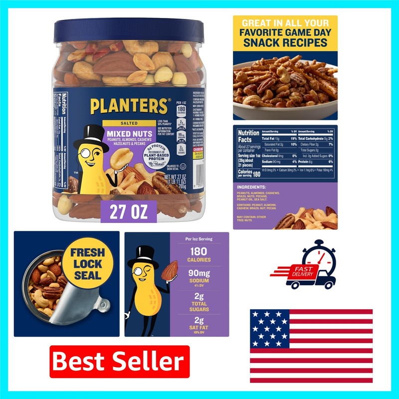Delicious 27 oz Resealable Jar of Kosher Salted Mixed Nuts - Protein Packed