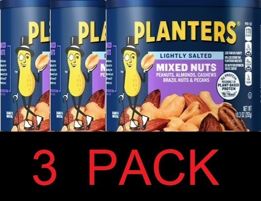 Planters LIGHTLY SALTED Mixed Nuts Peanuts Almonds Pecans 10.3 oz Can – 3 PACK