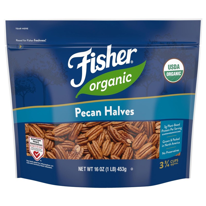 Fisher Organic Pecans Halves 16 oz, USDA Certified Organic, Unsalted Raw Peca...