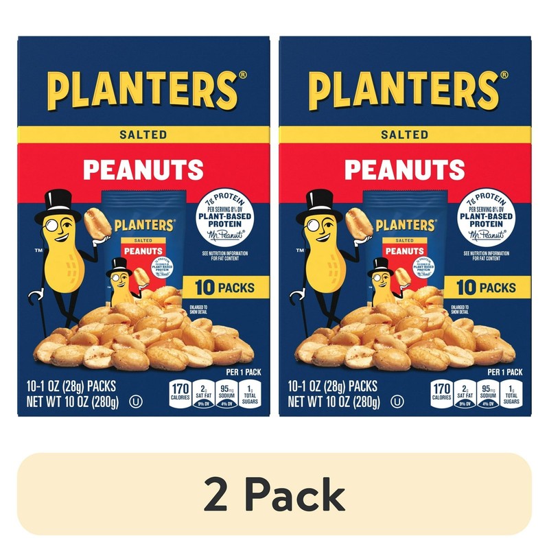 (2 pack) Planters Salted Peanuts, Plant Based Protein, 10-1 oz. Bags