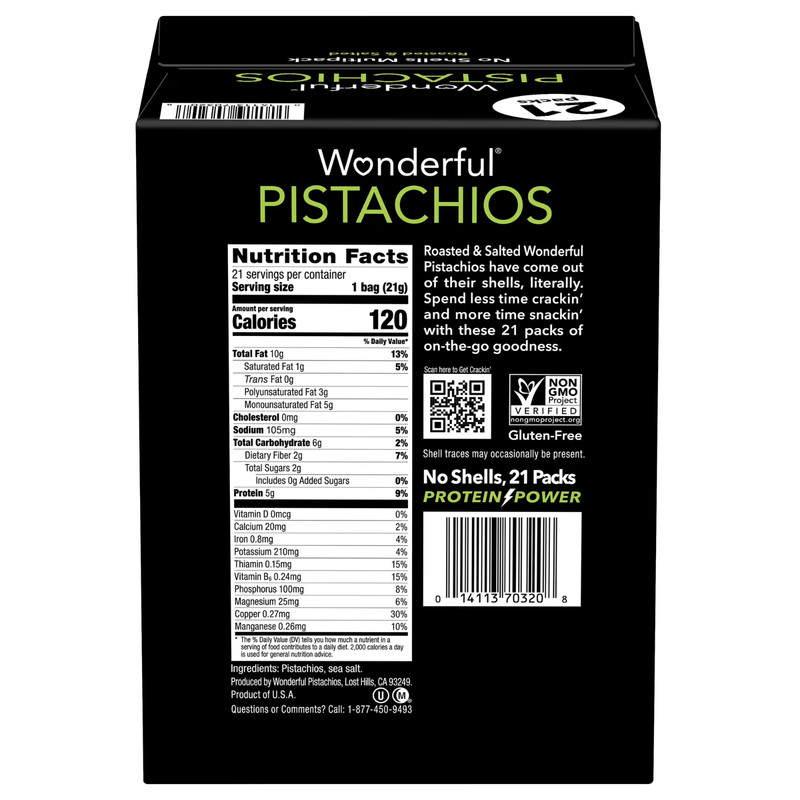 Wonderful Salted & Roasted Pistachios, No Shells, 0.75 oz., 21 pk. gallery