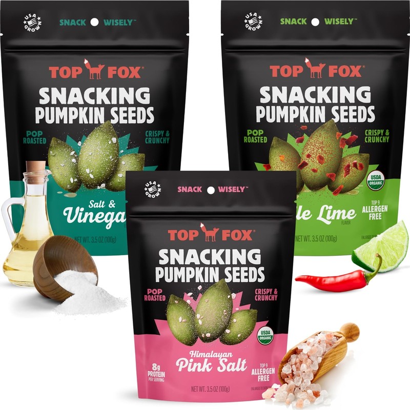 Top Fox Snacks Pumpkin Seeds to Eat Variety Himalayan Salt, Salt & Vinegar, C...