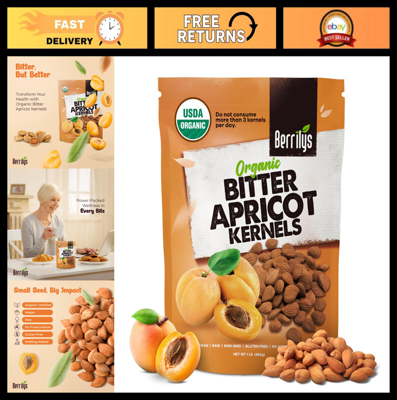 Organic Bitter Apricot Kernels – Non-GMO, Natural, No Additives – 16 oz Premium